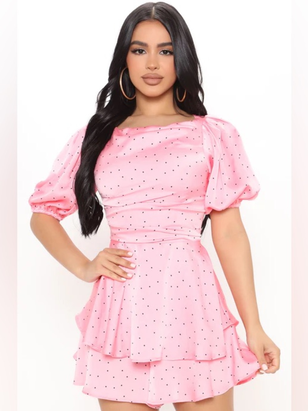 Fashion Nova Pink Polka Dot Puff Sleeve Mini Romper Dress, Feminine Cottagecore
